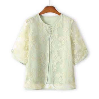 Късоръкава риза на баба, плетена лятна дреха от две части за жени на средна и по-възрастни години