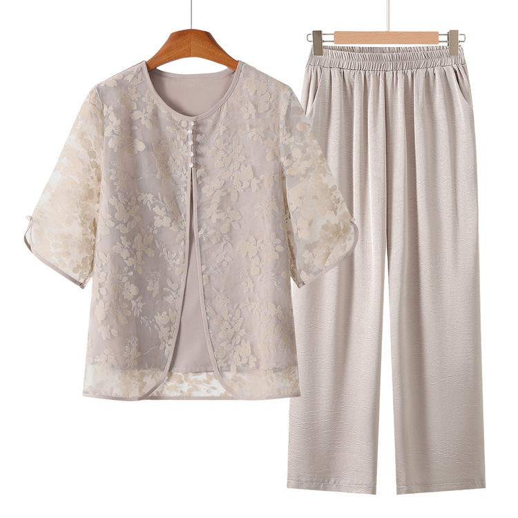 Късоръкава риза на баба, плетена лятна дреха от две части за жени на средна и по-възрастни години