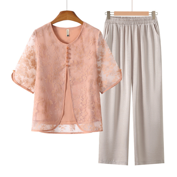 Късоръкава риза на баба, плетена лятна дреха от две части за жени на средна и по-възрастни години