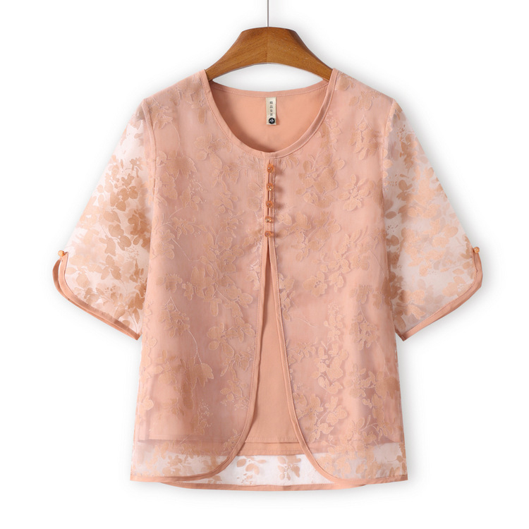 Късоръкава риза на баба, плетена лятна дреха от две части за жени на средна и по-възрастни години