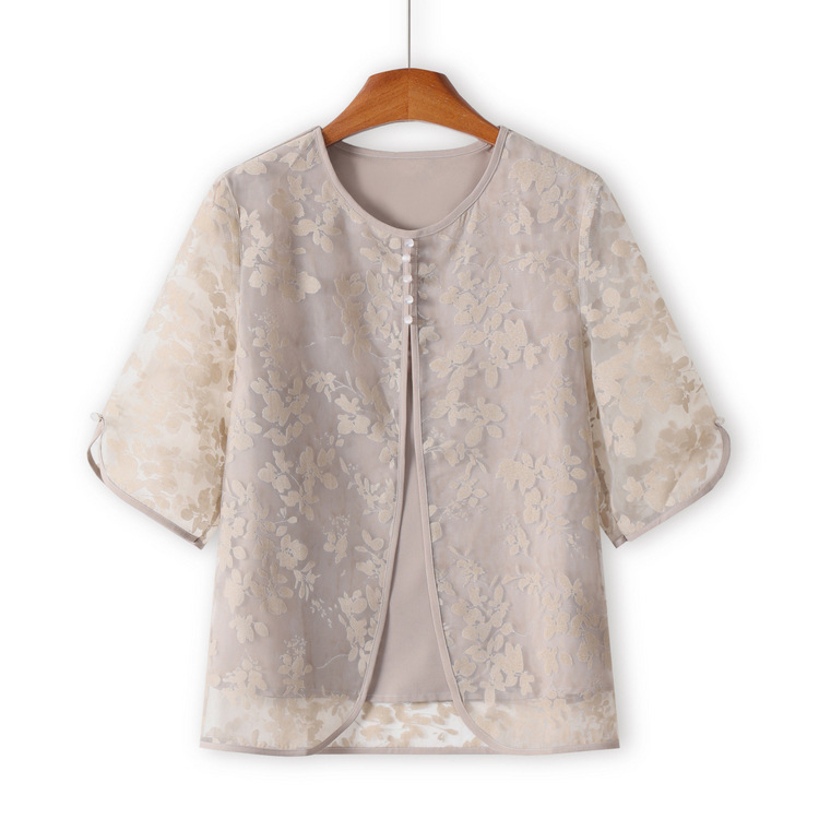 Късоръкава риза на баба, плетена лятна дреха от две части за жени на средна и по-възрастни години