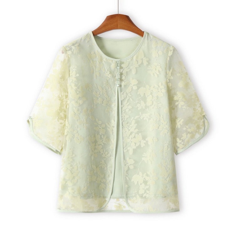 Късоръкава риза на баба, плетена лятна дреха от две части за жени на средна и по-възрастни години