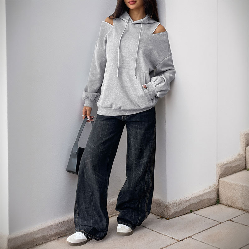 Νέα γυναικεία μπλούζα με μακριά μανίκια και κουκούλα, ευρωπαϊκής και αμερικανικής κατασκευής, μονόχρωμη, υψηλής ποιότητας, γκρι, με ανοιχτούς ώμους και τσέπες.