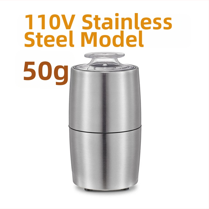 Kompaktni kućni električni grinder s dvostrukom miješajućom oštricom, kapacitet 50 g, napon 111–240 V, brzina motora 10000–19999 o/min, kućište od nehrđajućeg čelika, poluautomatski rad