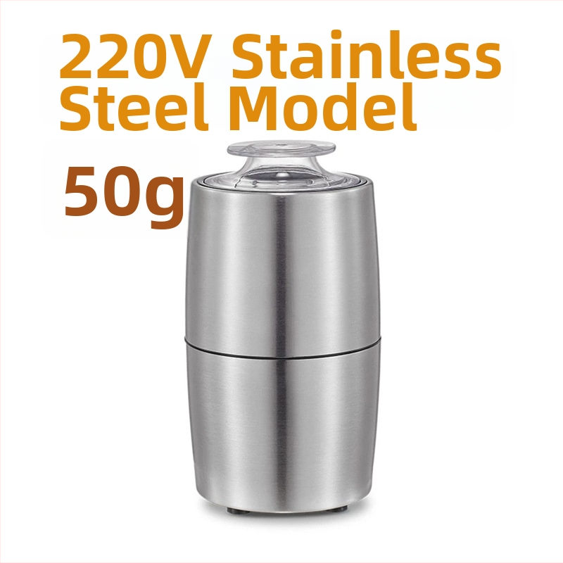Kompaktni kućni električni grinder s dvostrukom miješajućom oštricom, kapacitet 50 g, napon 111–240 V, brzina motora 10000–19999 o/min, kućište od nehrđajućeg čelika, poluautomatski rad