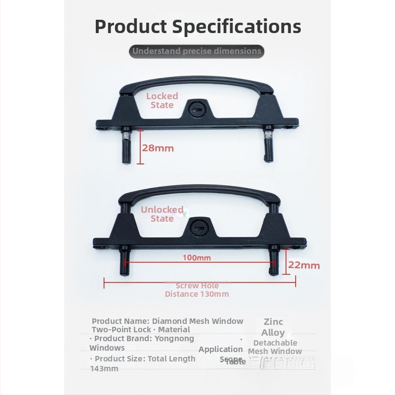 Viacbodový zámok pre dvere a okná s kľúčom, hliníková zliatina, dvojbodový zámok, pre sieťované okná