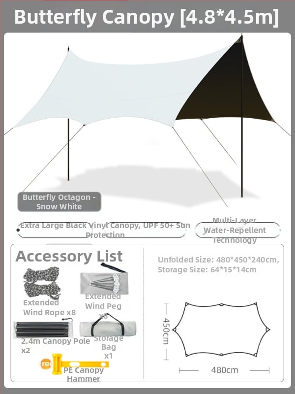 Jiuqi kemping árnyékoló baldachin Oxford anyagból, vízálló PU2000-3000, négyzetes alak, bővíthető formák: négyzet, hexagon, nyolcszög, vinil bevonat