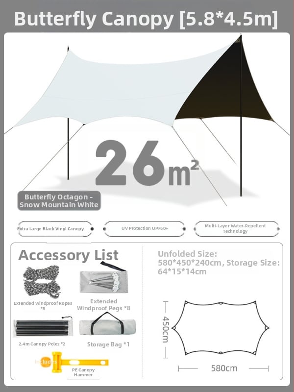 Jiuqi kemping árnyékoló baldachin Oxford anyagból, vízálló PU2000-3000, négyzetes alak, bővíthető formák: négyzet, hexagon, nyolcszög, vinil bevonat