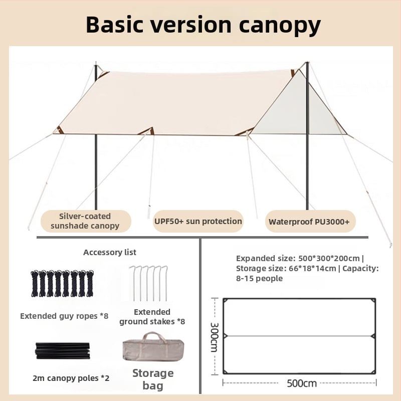 Jiuqi kemping árnyékoló baldachin Oxford anyagból, vízálló PU2000-3000, négyzetes alak, bővíthető formák: négyzet, hexagon, nyolcszög, vinil bevonat