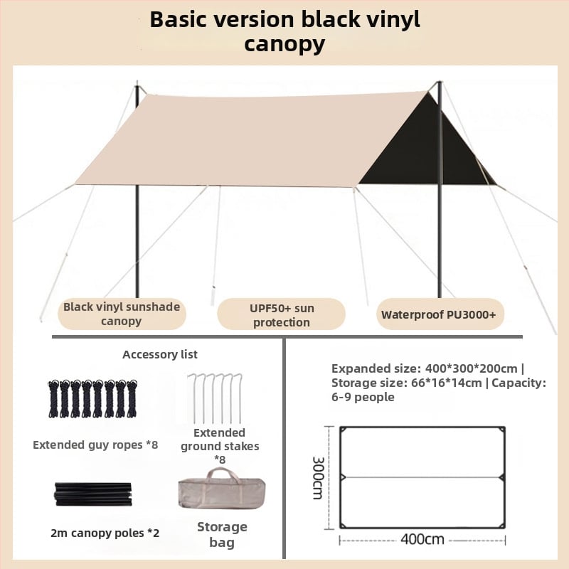 Jiuqi kemping árnyékoló baldachin Oxford anyagból, vízálló PU2000-3000, négyzetes alak, bővíthető formák: négyzet, hexagon, nyolcszög, vinil bevonat
