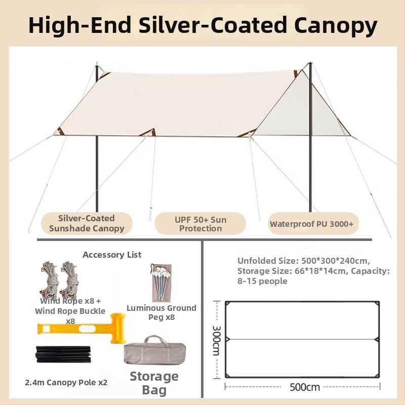 Jiuqi kemping árnyékoló baldachin Oxford anyagból, vízálló PU2000-3000, négyzetes alak, bővíthető formák: négyzet, hexagon, nyolcszög, vinil bevonat