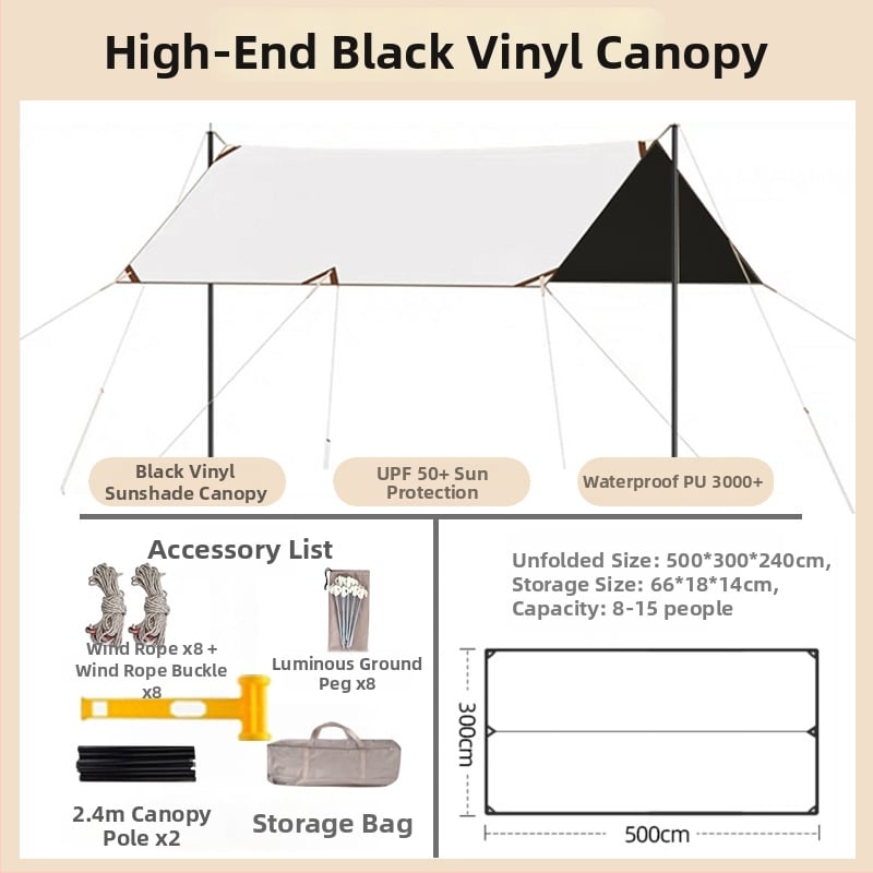 Jiuqi kemping árnyékoló baldachin Oxford anyagból, vízálló PU2000-3000, négyzetes alak, bővíthető formák: négyzet, hexagon, nyolcszög, vinil bevonat
