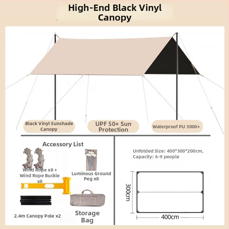 Jiuqi kemping árnyékoló baldachin Oxford anyagból, vízálló PU2000-3000, négyzetes alak, bővíthető formák: négyzet, hexagon, nyolcszög, vinil bevonat