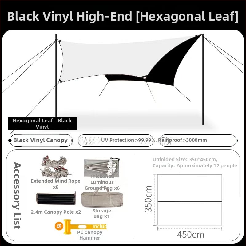 Jiuqi kemping árnyékoló baldachin Oxford anyagból, vízálló PU2000-3000, négyzetes alak, bővíthető formák: négyzet, hexagon, nyolcszög, vinil bevonat