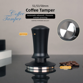 Espresso tampón so stupnicou a vyváženou rukoväťou, elastický tlakový mechanizmus, spätný chod s konštantnou silou; zliatina hliníka a 304 nerezová oceľ, moderný jednoduchý dizajn