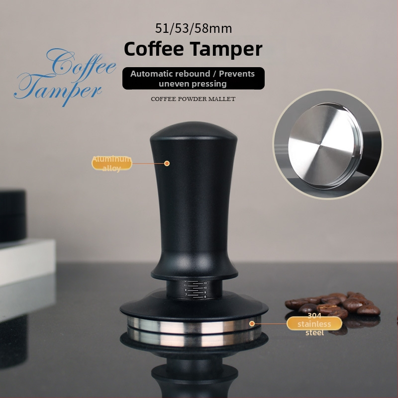 Espresso tampón so stupnicou a vyváženou rukoväťou, elastický tlakový mechanizmus, spätný chod s konštantnou silou; zliatina hliníka a 304 nerezová oceľ, moderný jednoduchý dizajn
