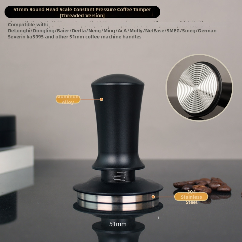Espresso tampón so stupnicou a vyváženou rukoväťou, elastický tlakový mechanizmus, spätný chod s konštantnou silou; zliatina hliníka a 304 nerezová oceľ, moderný jednoduchý dizajn