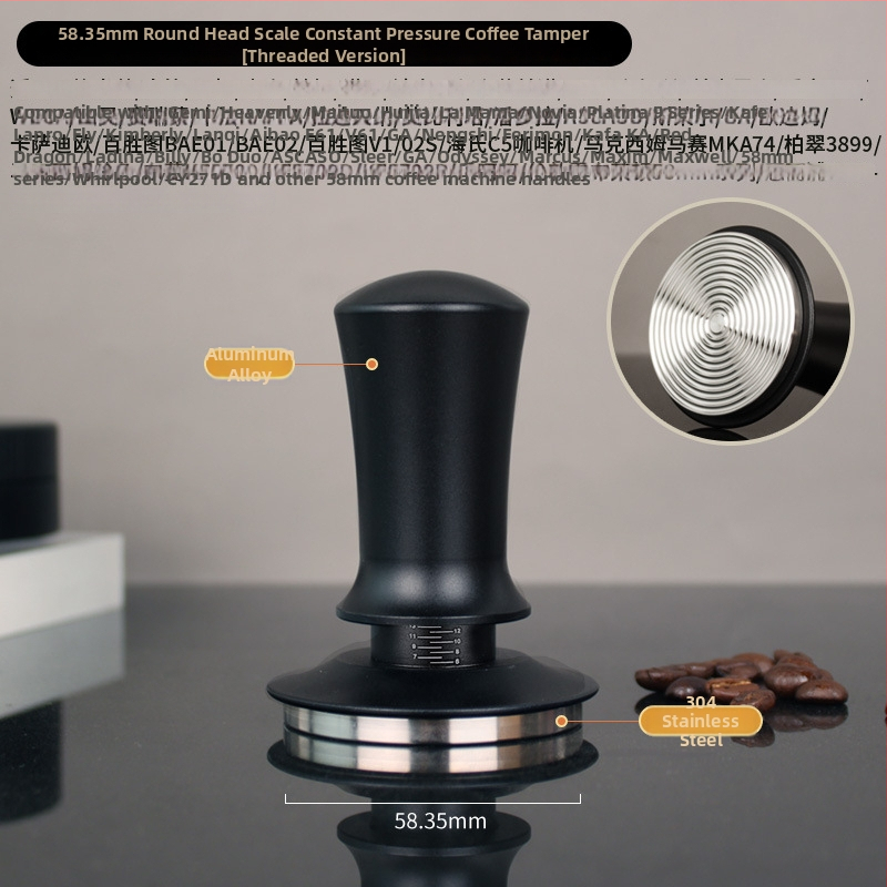 Espresso tampón so stupnicou a vyváženou rukoväťou, elastický tlakový mechanizmus, spätný chod s konštantnou silou; zliatina hliníka a 304 nerezová oceľ, moderný jednoduchý dizajn