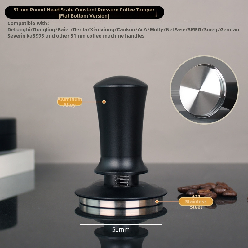 Espresso tampón so stupnicou a vyváženou rukoväťou, elastický tlakový mechanizmus, spätný chod s konštantnou silou; zliatina hliníka a 304 nerezová oceľ, moderný jednoduchý dizajn