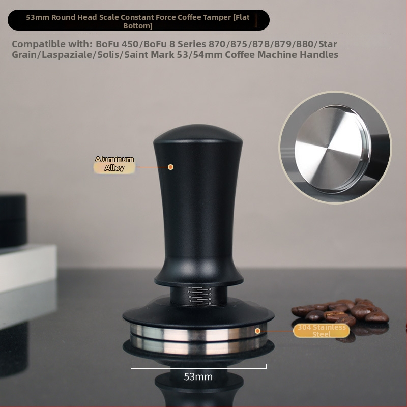 Espresso tampón so stupnicou a vyváženou rukoväťou, elastický tlakový mechanizmus, spätný chod s konštantnou silou; zliatina hliníka a 304 nerezová oceľ, moderný jednoduchý dizajn
