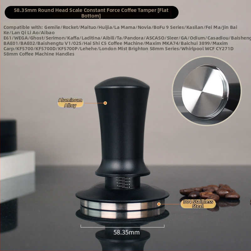 Espresso tampón so stupnicou a vyváženou rukoväťou, elastický tlakový mechanizmus, spätný chod s konštantnou silou; zliatina hliníka a 304 nerezová oceľ, moderný jednoduchý dizajn