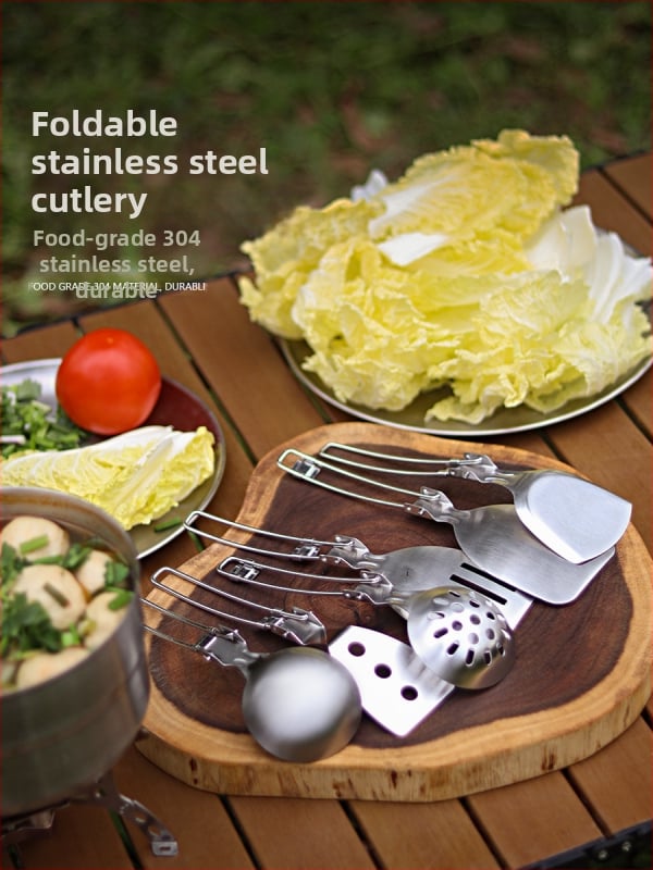 Комплект къмпинг посуда от неръждаема стомана 304, преносим сгъваем многофункционален прибор за готвене за 3–5 души