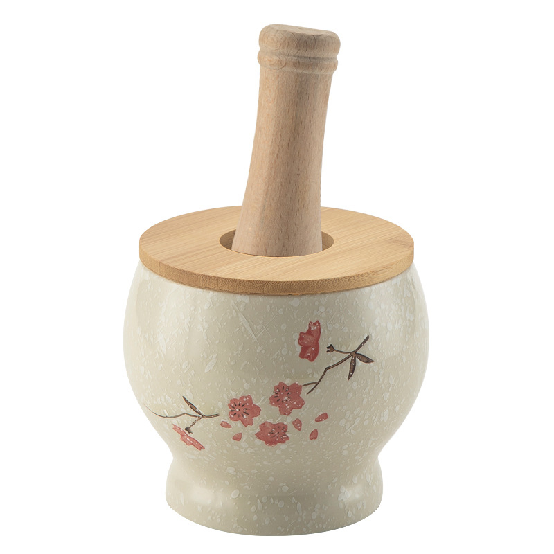 Keramički zdrobnjač češnjaka s drvenim štapićem, starinski/vintage stil
