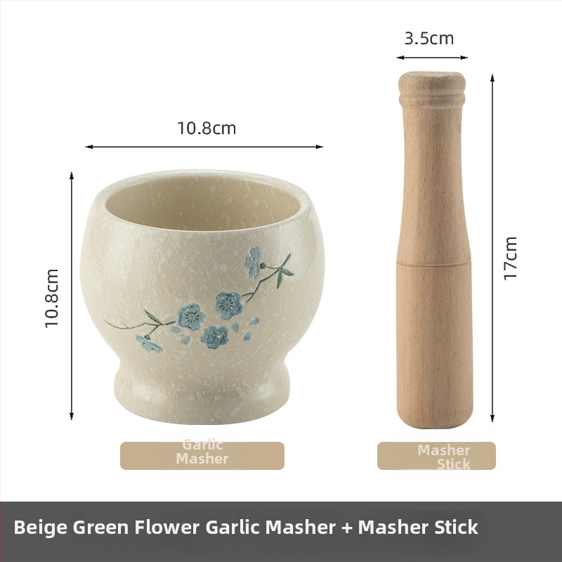 Keramický mačkadlo na cesnak s drevenou paličkou, starožitný/vintage štýl