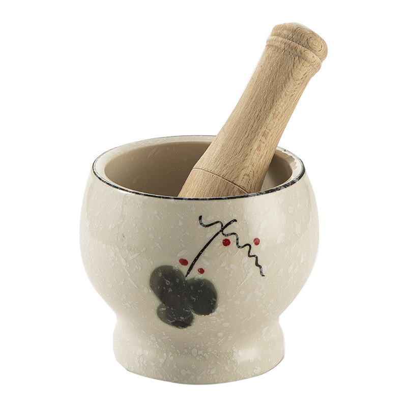 Keramički zdrobnjač češnjaka s drvenim štapićem, starinski/vintage stil