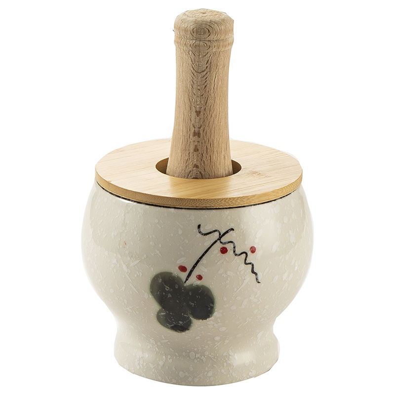 Keramički zdrobnjač češnjaka s drvenim štapićem, starinski/vintage stil