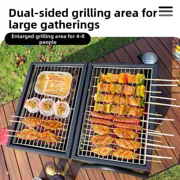 Двустранна барбекю тава от карбонова стомана, преносима сгъваема за къмпинг (пържене и печене, 4,2 кг, 3–5 порции)