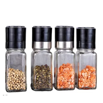 Τετράγωνη φιάλη καρυκευμάτων με μύλο πιπεριού, γυάλινο σώμα, κατάλληλη για στερεές καρυκεύσεις, οικιακή χρήση, δυνατότητα εκτύπωσης λογοτύπου