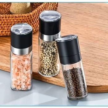 Τετράγωνη φιάλη καρυκευμάτων με μύλο πιπεριού, γυάλινο σώμα, κατάλληλη για στερεές καρυκεύσεις, οικιακή χρήση, δυνατότητα εκτύπωσης λογοτύπου