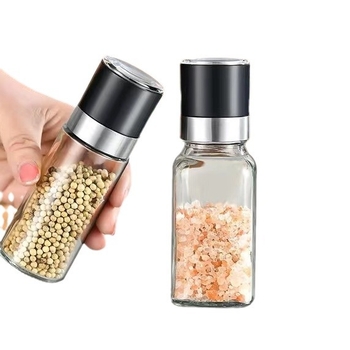 Τετράγωνη φιάλη καρυκευμάτων με μύλο πιπεριού, γυάλινο σώμα, κατάλληλη για στερεές καρυκεύσεις, οικιακή χρήση, δυνατότητα εκτύπωσης λογοτύπου