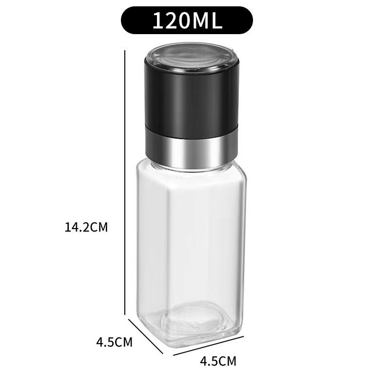 Τετράγωνη φιάλη καρυκευμάτων με μύλο πιπεριού, γυάλινο σώμα, κατάλληλη για στερεές καρυκεύσεις, οικιακή χρήση, δυνατότητα εκτύπωσης λογοτύπου