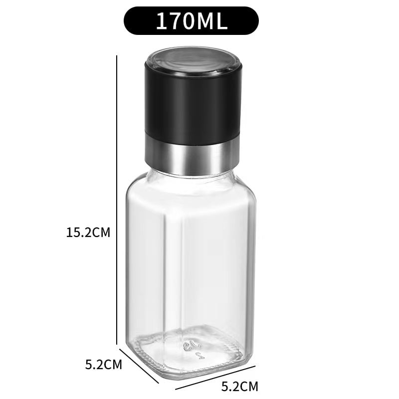 Τετράγωνη φιάλη καρυκευμάτων με μύλο πιπεριού, γυάλινο σώμα, κατάλληλη για στερεές καρυκεύσεις, οικιακή χρήση, δυνατότητα εκτύπωσης λογοτύπου