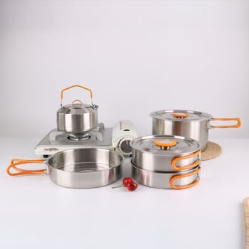 XLHW-156 Портативен комплект къмпинг съдове от неръждаема стомана: тиган, тенджера и чайник за 3–7 души (стил матрьошка)