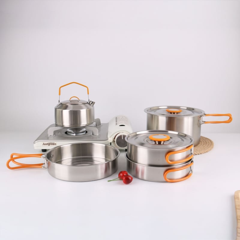 XLHW-156 Портативен комплект къмпинг съдове от неръждаема стомана: тиган, тенджера и чайник за 3–7 души (стил матрьошка)