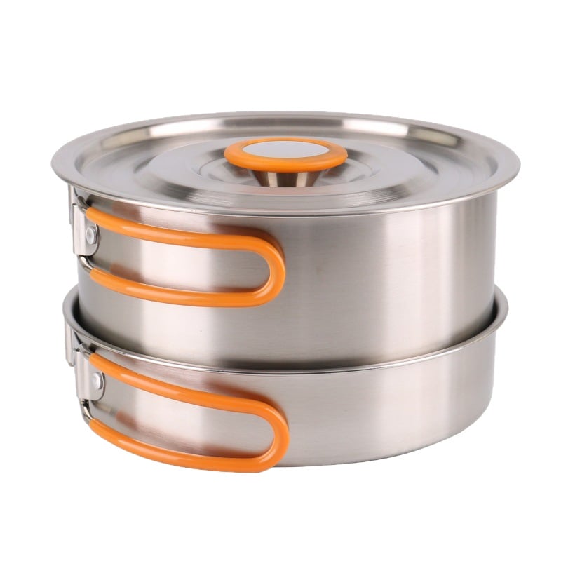 XLHW-156 Портативен комплект къмпинг съдове от неръждаема стомана: тиган, тенджера и чайник за 3–7 души (стил матрьошка)