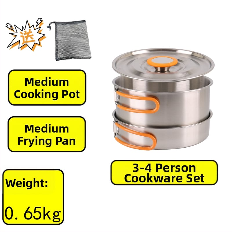 XLHW-156 Портативен комплект къмпинг съдове от неръждаема стомана: тиган, тенджера и чайник за 3–7 души (стил матрьошка)