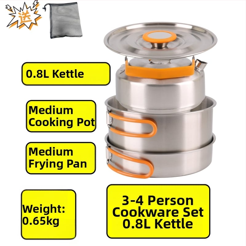 XLHW-156 Портативен комплект къмпинг съдове от неръждаема стомана: тиган, тенджера и чайник за 3–7 души (стил матрьошка)