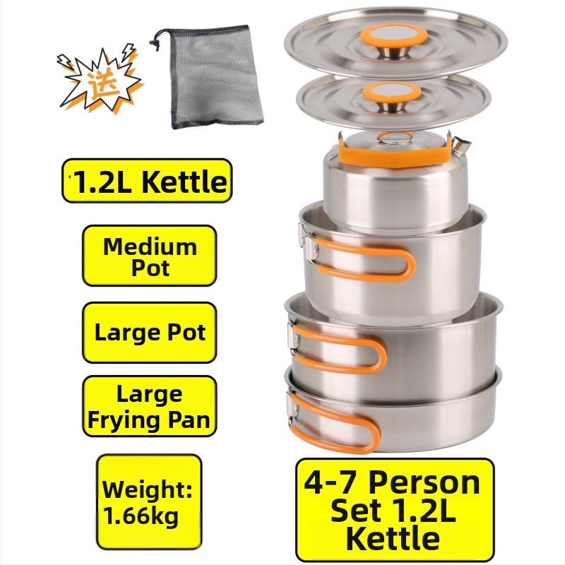 XLHW-156 Портативен комплект къмпинг съдове от неръждаема стомана: тиган, тенджера и чайник за 3–7 души (стил матрьошка)