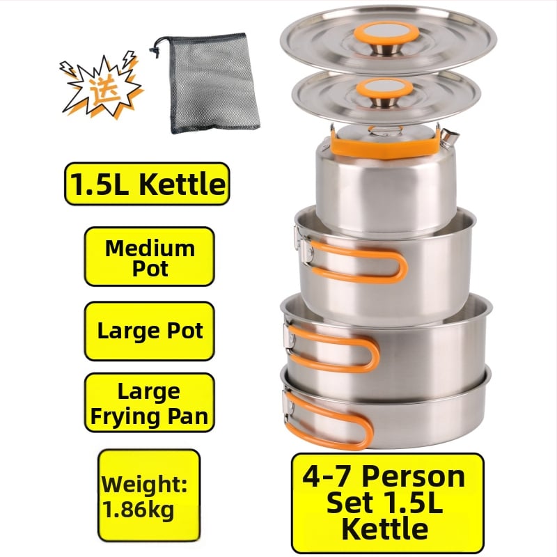 XLHW-156 Портативен комплект къмпинг съдове от неръждаема стомана: тиган, тенджера и чайник за 3–7 души (стил матрьошка)