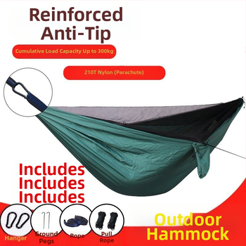 Хамак за къмпинг с мрежа против комари, бързодействащ, със стойка, парашютен плат, подходящ за единичен или двойен