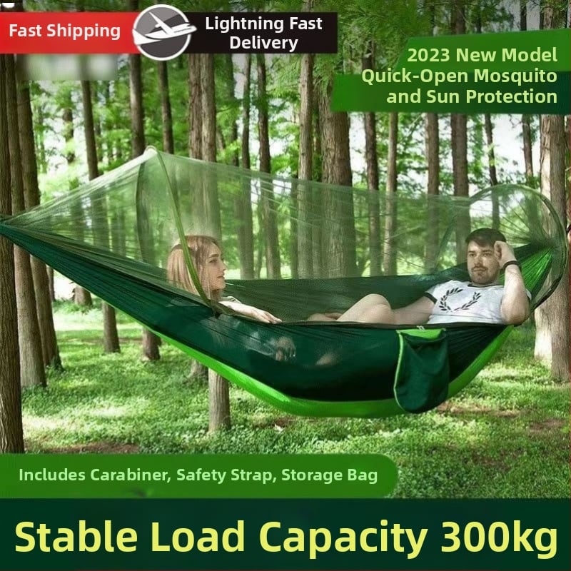 Хамак за къмпинг с мрежа против комари, бързодействащ, със стойка, парашютен плат, подходящ за единичен или двойен