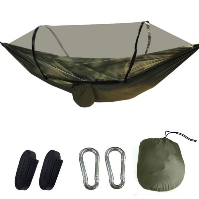 Хамак за къмпинг с мрежа против комари, бързодействащ, със стойка, парашютен плат, подходящ за единичен или двойен