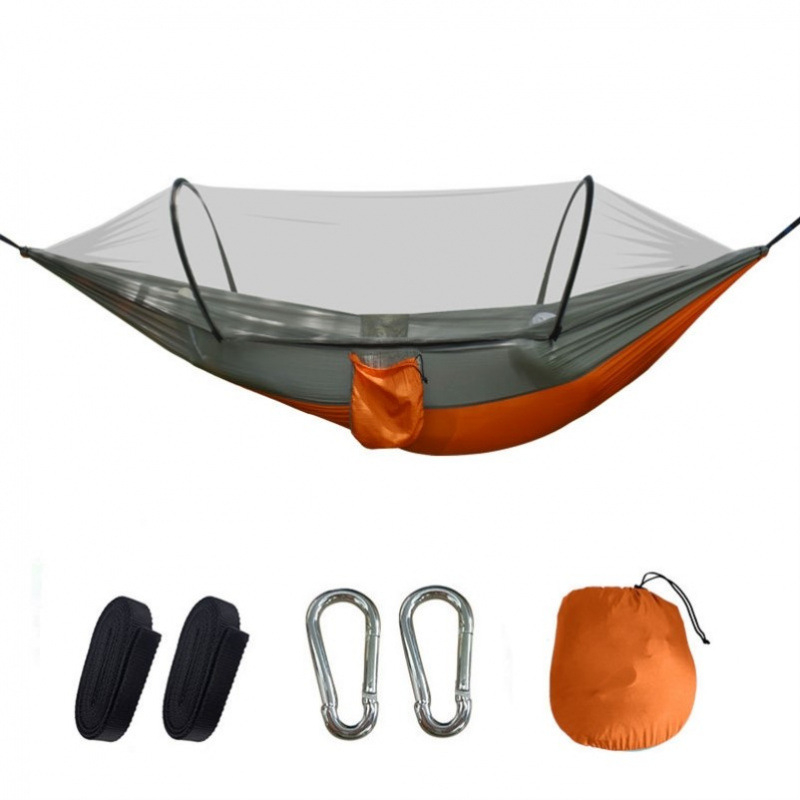 Хамак за къмпинг с мрежа против комари, бързодействащ, със стойка, парашютен плат, подходящ за единичен или двойен