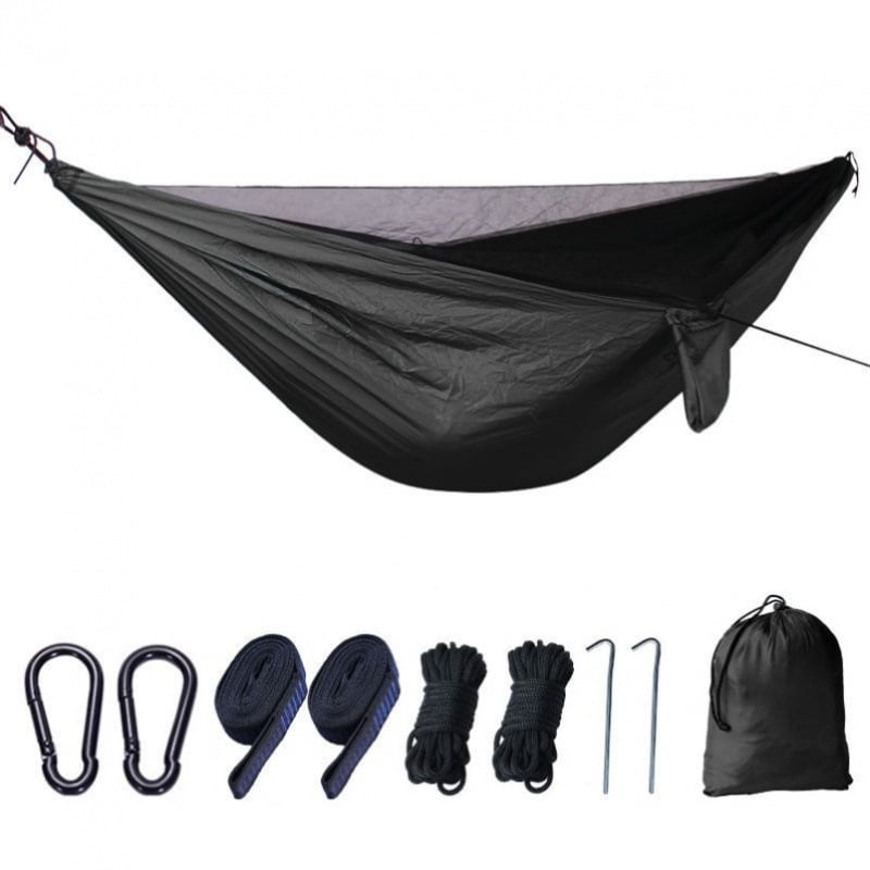 Хамак за къмпинг с мрежа против комари, бързодействащ, със стойка, парашютен плат, подходящ за единичен или двойен