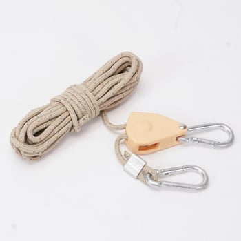 Въжена система за окачване на лампа в палатка за отглеждане на растения с регулируем ролков натяжител и алуминиева катарама — въже 2/2,5/5/10 m; диаметри 4/6/10 mm; максимална товароподемност 34/68/110 kg