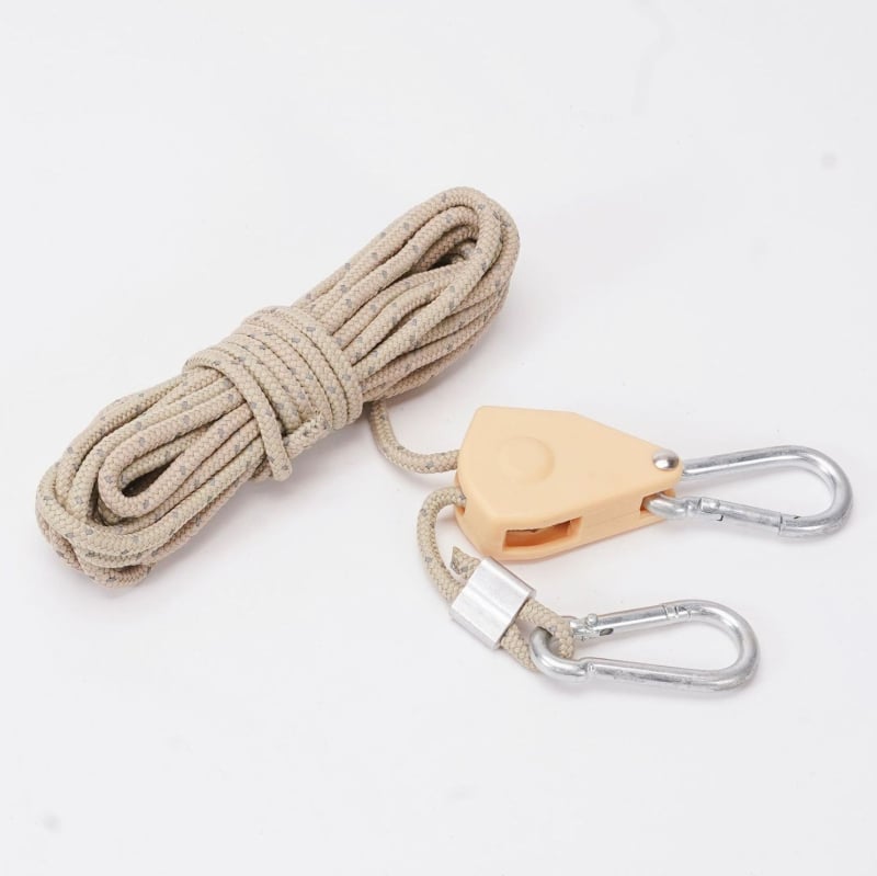 Въжена система за окачване на лампа в палатка за отглеждане на растения с регулируем ролков натяжител и алуминиева катарама — въже 2/2,5/5/10 m; диаметри 4/6/10 mm; максимална товароподемност 34/68/110 kg